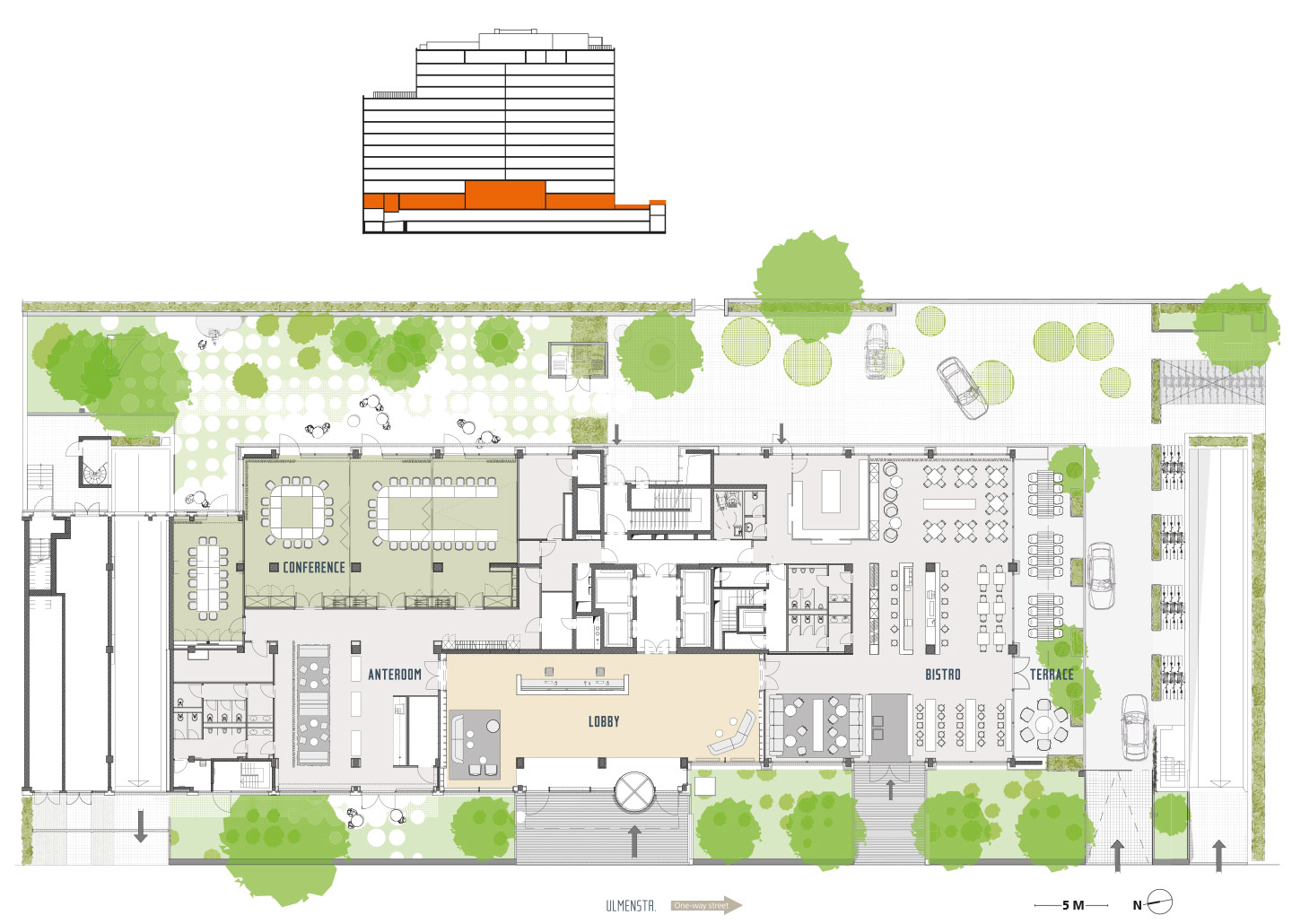 Example of conference area, lobby, bistro with outside terrace*, *All floor plans are indicative preliminary designs.